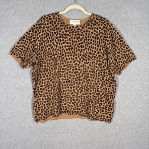 Vintage 90s Leopard Sweater Top 1X Short Sleeve‎ Knit Maximalist Whimsical Thin